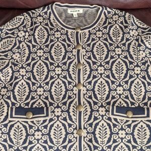 Boden Navy and Cream Leaf Motif Cardigan